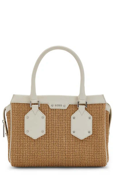 Hugo Boss Raffia Shoulder Bag With Leather Trims In White