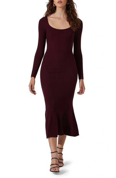 Astr Cutout Long Sleeve Midi Sweater Dress In Raisin