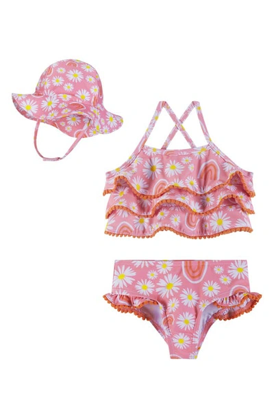 Andy & Evan Babies' Ruffle Pompom Trim Two-piece Swimsuit & Sun Hat Set In Pink