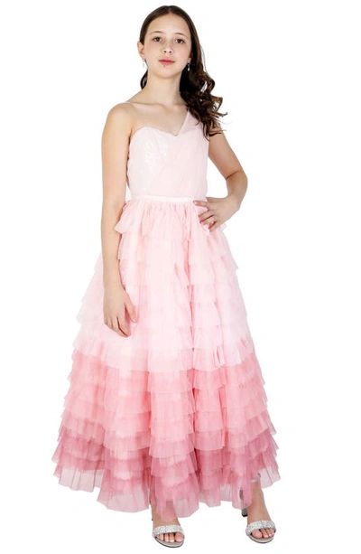 Christian Siriano Kids' Sequin Bodice Tiered One-shoulder Gown In Mauve Blush