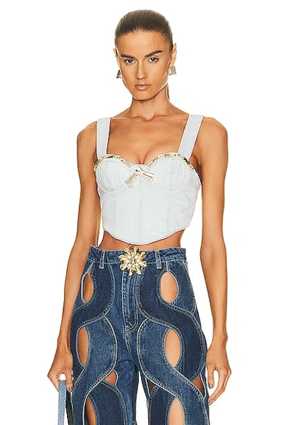 Area Crystal Trim Denim Bustier Top In Light Denim