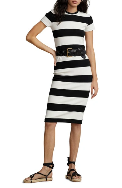 Polo Ralph Lauren Striped Ribbed Short-sleeve T-shirt Dress In Black
