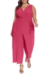 London Times Sleeveless Faux Wrap Jumpsuit In Cherry