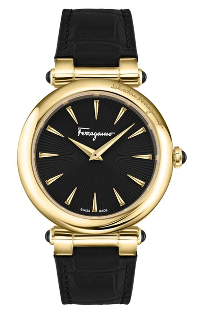 Ferragamo Idillio Croc-embossed Leather Strap Watch, 36mm In Gold