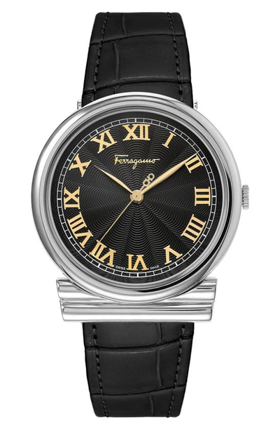 Ferragamo Gancino Croc-embossed Leather Strap Watch, 34mm In Stainless Steel