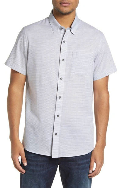 Travismathew Personal Preference Stripe Short Sleeve Cotton Button-up Shirt In Heather Grey