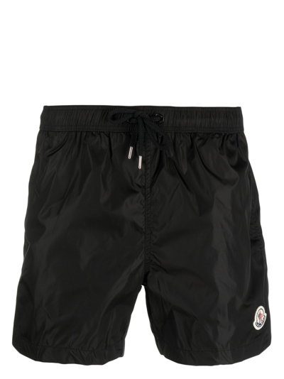 Moncler Logo Patch Drawstring Boxer Swim Shorts In Black