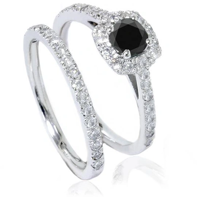 Pompeii3 7/8ct Cushion Halo Black Diamond Engagement Ring Set 14k White Gold In Multi