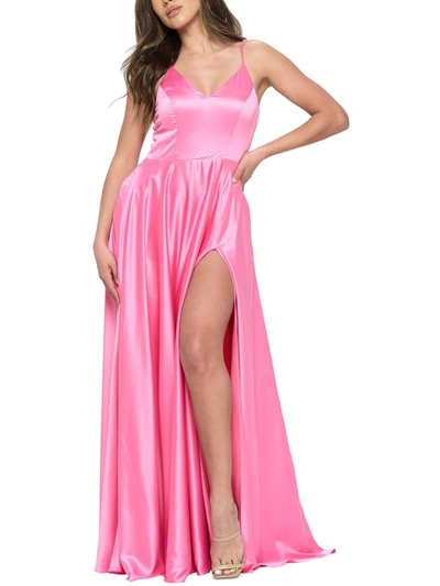 B Darlin Juniors Womens Satin V-neck Evening Dress In Pink