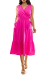 Nina Leonard Tiered Midi Dress In Hot Pink