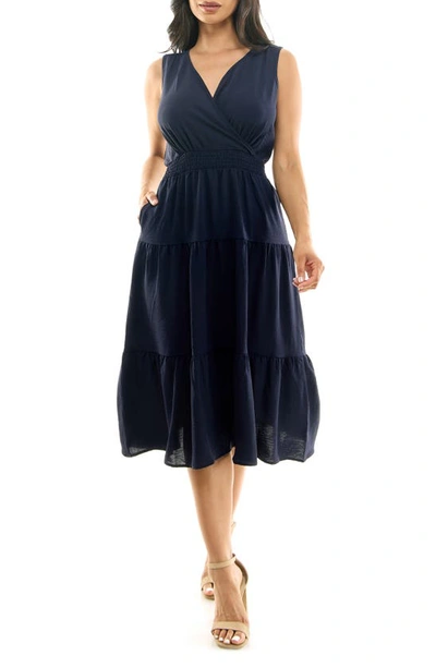 Nina Leonard Tiered Midi Dress In Navy