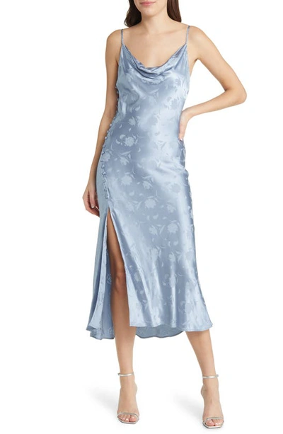 Lulus All About You Slate Blue Floral Jacquard Satin Midi Dress