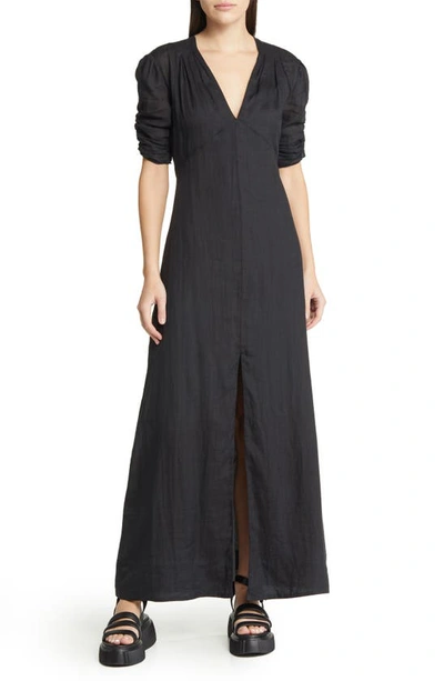 Frame Shirred Sleeve Maxi Dress In Noir