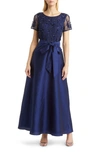 Pisarro Nights 3d Floral Bodice Beaded Gown In Navy