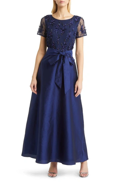 Pisarro Nights 3d Floral Bodice Beaded Gown In Navy