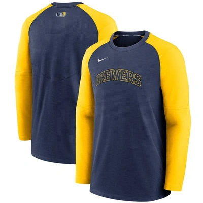 Nike Navy/gold Milwaukee Brewers Authentic Collection Pregame Performance Raglan Pullover Sweatshirt