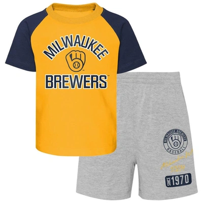 Outerstuff Kids' Toddler Gold/heather Gray Milwaukee Brewers Two-piece Groundout Baller Raglan T-shirt & Shorts Set