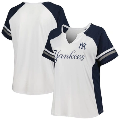 Profile Women's White, Navy New York Yankees Plus Size Notch Neck T-shirt In White,navy