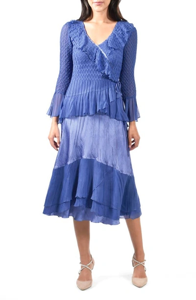 Komarov Tiered Long Sleeve Faux Wrap Dress In Fregatta Blue