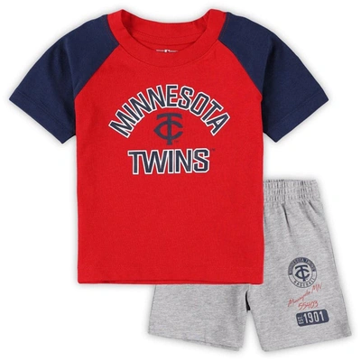 Outerstuff Babies' Little Boys And Girls Minnesota Twins Red, Heather Gray Groundout Baller Raglan T-shirt And Shorts S In Red,heather Gray
