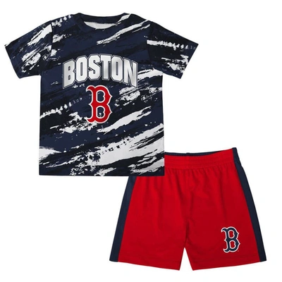Outerstuff Babies' Infant Boys And Girls Navy And Red Boston Red Sox Stealing Homebase 2.0 T-shirt And Shorts Set In Navy,red