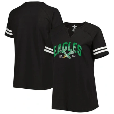 Fanatics Branded Black Philadelphia Eagles Plus Size Throwback Notch Neck Raglan T-shirt