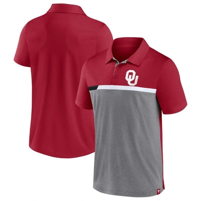Fanatics Men's  Crimson And Heathered Gray Oklahoma Sooners Split Block Color Block Polo Shirt In Crimson,heathered Gray