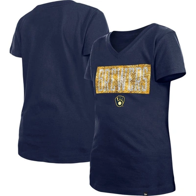 New Era Kids' Girls Youth  Navy Milwaukee Brewers Flip Sequin Team V-neck T-shirt