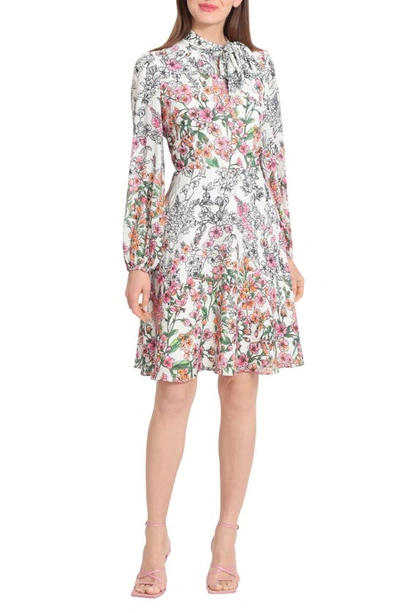 Maggy London Floral Print Long Sleeve Dress In Ivory/ Pink Bud
