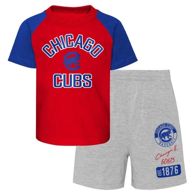 Outerstuff Babies' Infant Boys And Girls Red And Heather Gray Chicago Cubs Ground Out Baller Raglan T-shirt And Shorts In Red,heather Gray