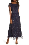 Pisarro Nights Beaded Mesh Column Gown In New Eggplant