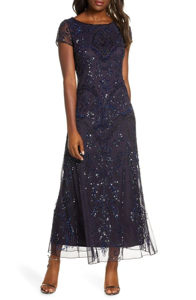 Pisarro Nights Beaded Mesh Column Gown In New Eggplant