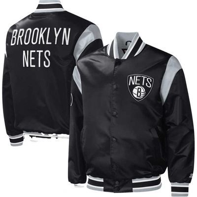 Starter Black Brooklyn Nets Force Play Satin Full-snap Varsity Jacket