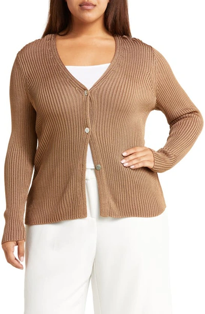 Vince Ribbed Cardigan In Chestnut