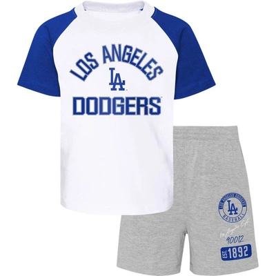 Outerstuff Kids' Preschool Los Angeles Dodgers White/heather Gray Groundout Baller Raglan T-shirt & Shorts Set