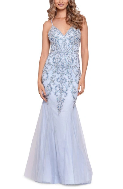 Xscape Embellished Mesh Mermaid Gown In Grey/ Blue