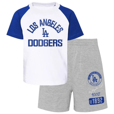 Outerstuff Kids' Toddler White/heather Gray Los Angeles Dodgers Two-piece Groundout Baller Raglan T-shirt & Shorts Se