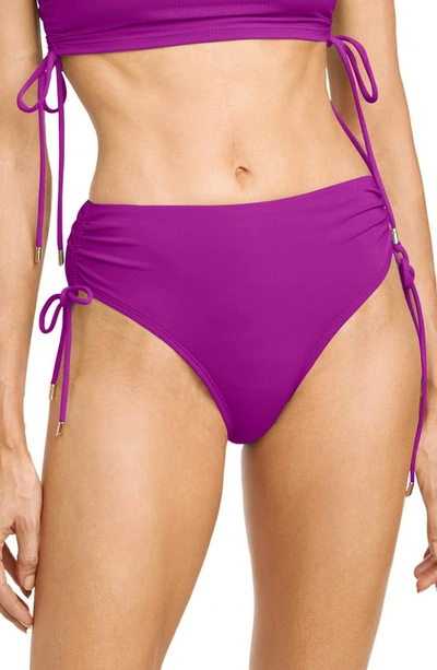 Robin Piccone Aubrey Ruched High Waist Bikini Bottoms In Purple