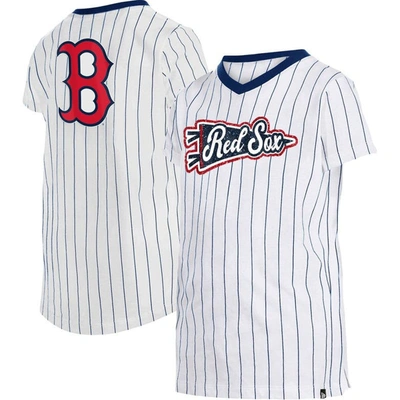 New Era Kids' Girls Youth  White Boston Red Sox Pinstripe V-neck T-shirt