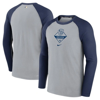 Nike Gray/navy Milwaukee Brewers Game Authentic Collection Performance Raglan Long Sleeve T-shirt