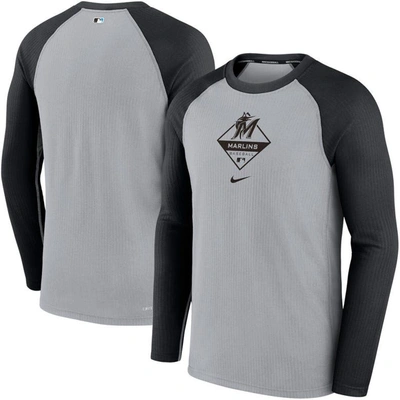 Nike Men's  Gray And Black Miami Marlins Game Authentic Collection Performance Raglan Long Sleeve T-s In Gray,black