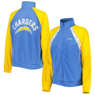 G-iii 4her By Carl Banks Powder Blue/gold Los Angeles Chargers Confetti Raglan Full-zip Track Jacket In Powder Blue,gold