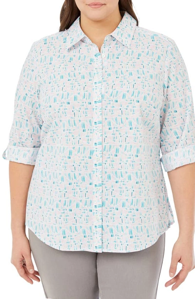 Foxcroft Zoey Printed Roll Tab Cotton Button-up Shirt In Oceanside