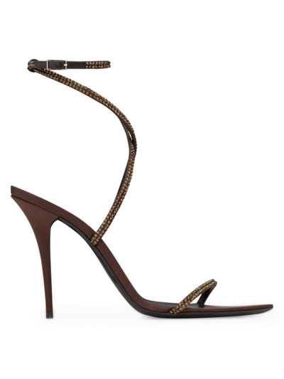 Saint Laurent Ava Crystal-embellished Silk-satin Sandals In Brown