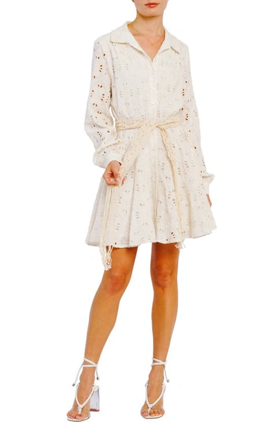 Ciebon Serane Broderie Anglaise Long Sleeve Cotton Mini Shirtdress In White