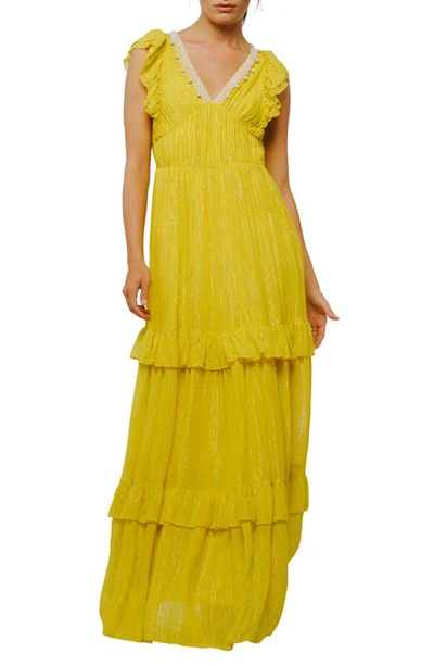 Ciebon Ryva Galey Metallic Stripe Ruffle Tiered Maxi Dress In Bright Yellow