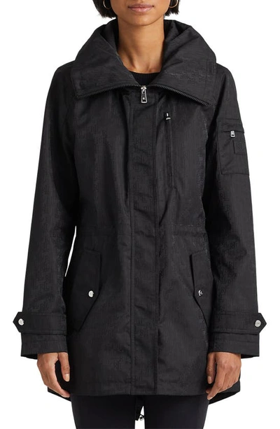Lauren Ralph Lauren Monogram Jacquard Hooded Raincoat In Black