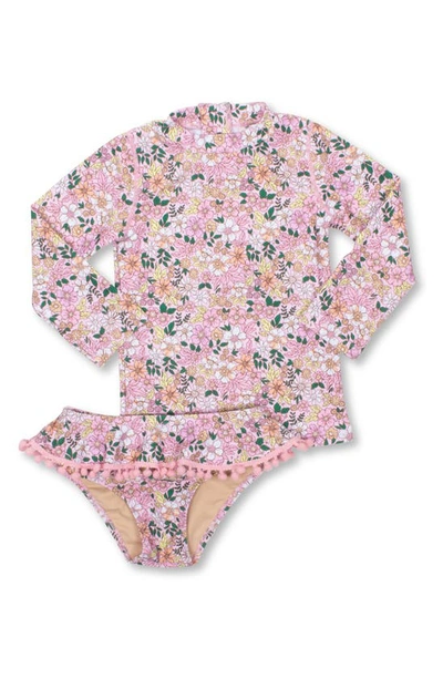 Shade Critters Babies' Pom Trim Long Sleeve Two-piece Rashguard Swimsuit In Pink