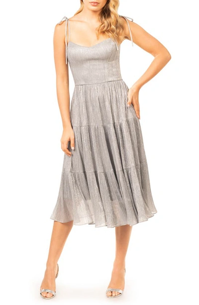 Dress The Population Dream Metallic Tiered Midi Dress In Grey