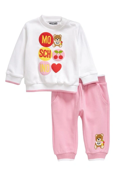 Moschino Kids' Cotton Sweatshirt & Joggers Set In White/ Bonbon Pink